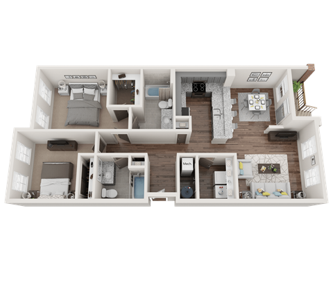 Floor plan for 2 beds, 2 baths, 1043 sqft
